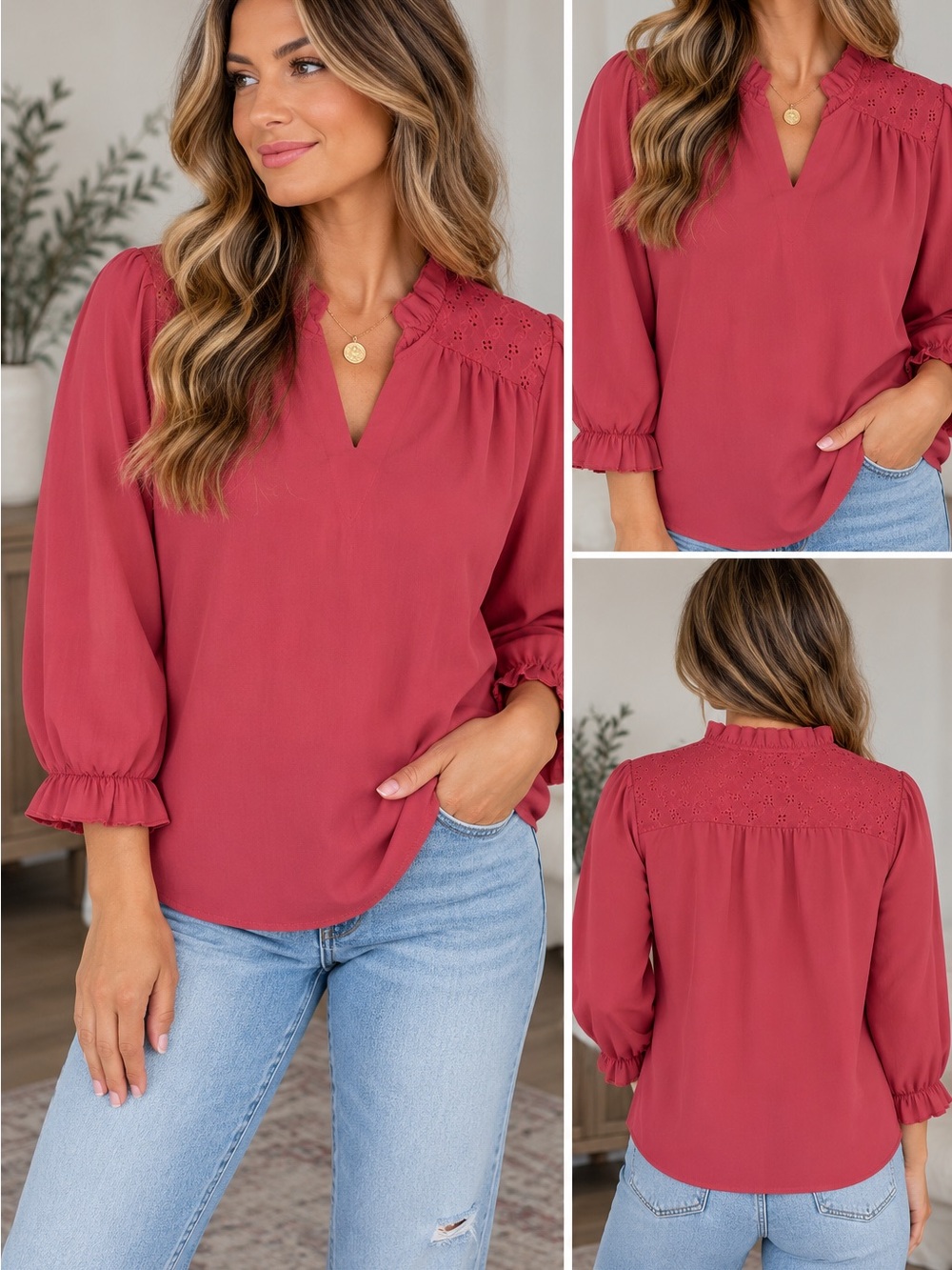 Evaless Prairie Cottagecore Flowy Women’s Ruffle Neck Eyelet Yoke Blouse Rose. S
